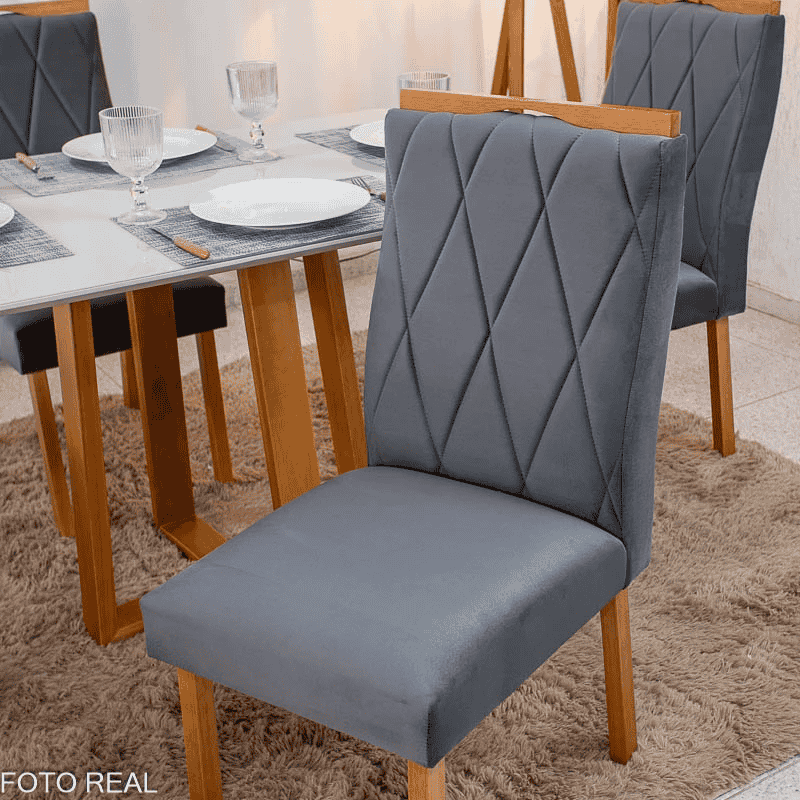 Mesa Bali 120×80 Vidro Off/Base Madeira - Minas Plac + 4 Cad. Lisboa Veludo Cinza 507 Madeira Art Assento - Entregue Montada - Imagem 6
