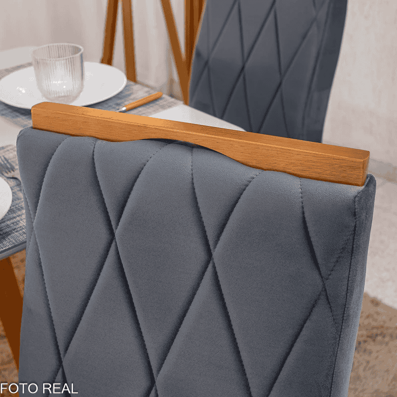 Mesa Bali 120×80 Vidro Off/Base Madeira - Minas Plac + 4 Cad. Lisboa Veludo Cinza 507 Madeira Art Assento - Entregue Montada - Imagem 7