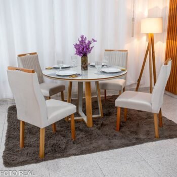 Mesa de Jantar Atlanta Redonda 120cm Vidro Off/Base Madeira Minas Plac + 4 Cad. Gênova Veludo Bege 512 Madeira Art Assentos - Entregue Montada