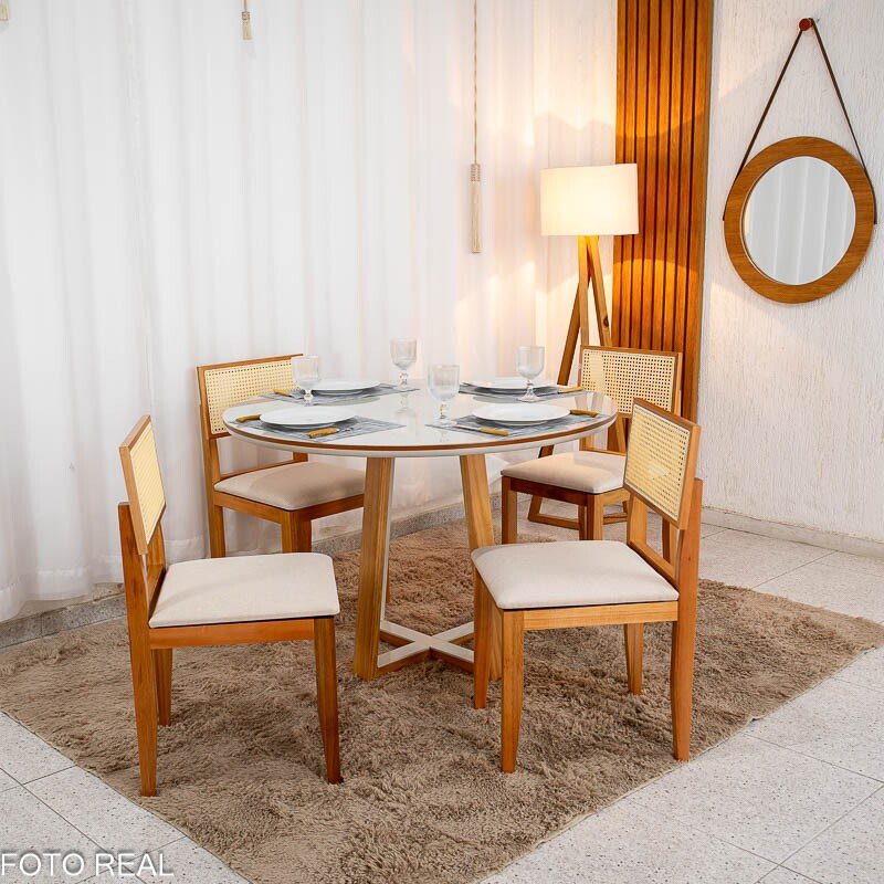 Mesa de Jantar Atlanta Redonda 120cm Cinamomo/Vidro Off 4 Cad. Santorini Linho Bege Madeira Maciça - Minas Plac - Imagem 3