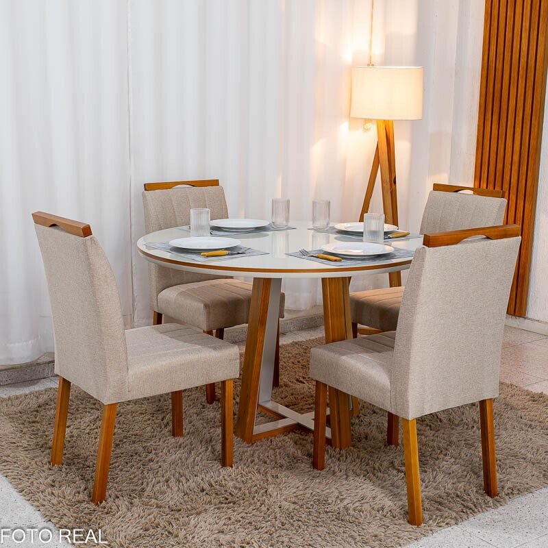 Mesa de Jantar Atlanta Redonda 120cm Vidro Off/Base Madeira - Minas Plac + 4 Cad. Isabela Linho Bege 01 Madeira KM Decor - Entregue Montada - Imagem 3
