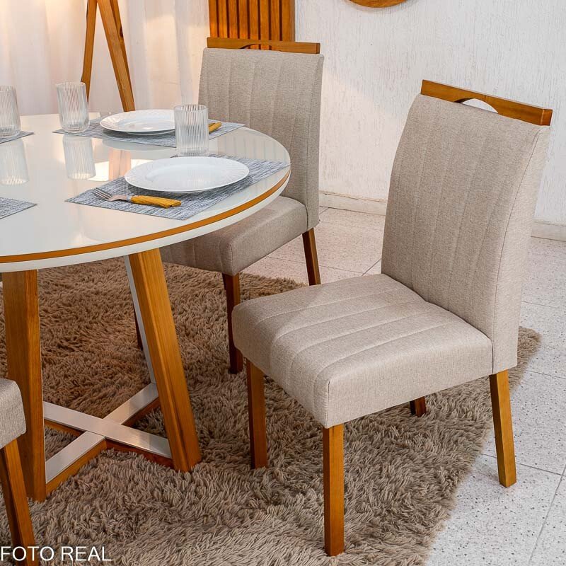 Mesa de Jantar Atlanta Redonda 120cm Vidro Off/Base Madeira - Minas Plac + 4 Cad. Isabela Linho Bege 01 Madeira KM Decor - Entregue Montada - Imagem 4
