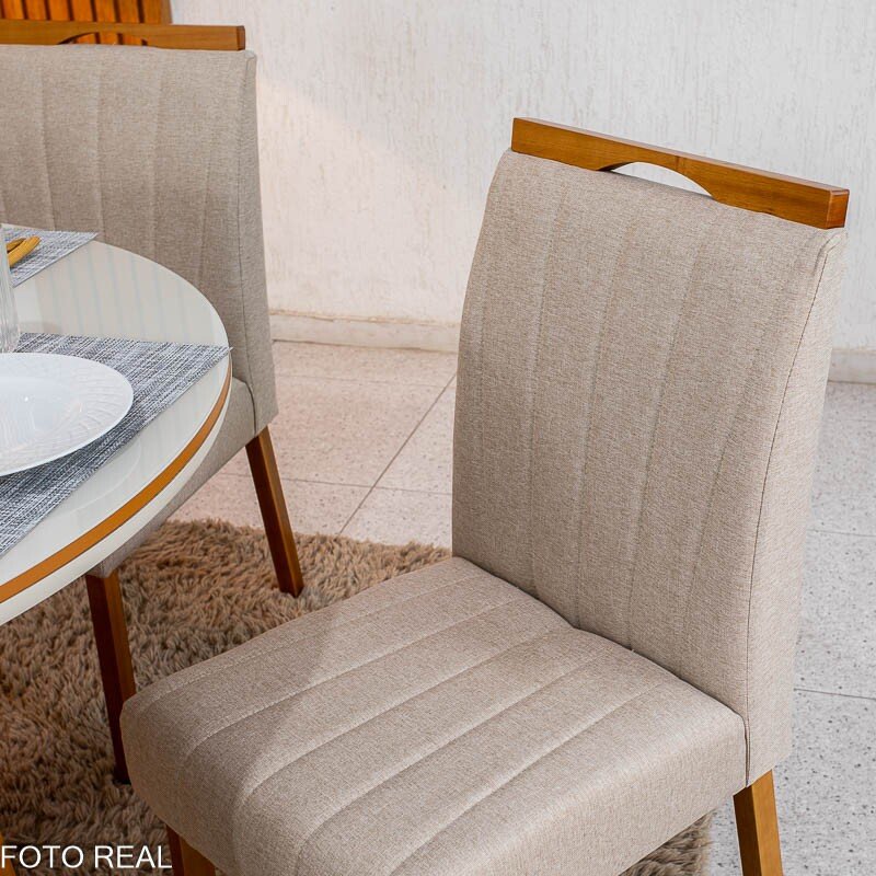 Mesa de Jantar Atlanta Redonda 120cm Vidro Off/Base Madeira - Minas Plac + 4 Cad. Isabela Linho Bege 01 Madeira KM Decor - Entregue Montada - Imagem 5