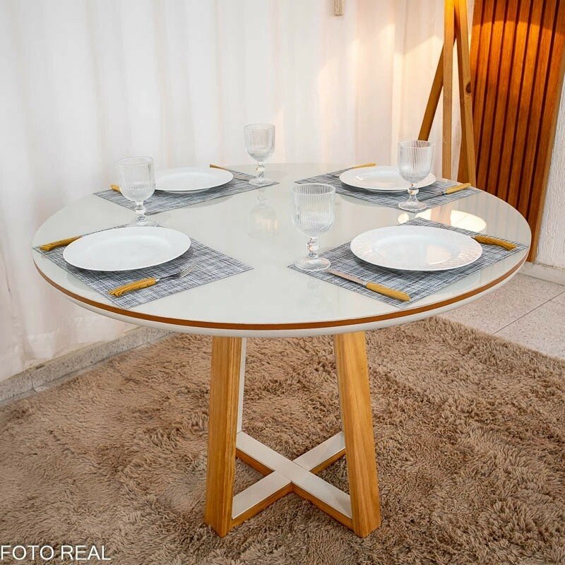 Mesa de Jantar Atlanta Redonda 120cm Vidro Off/Base Madeira - Minas Plac + 4 Cad. Isabela Linho Bege 01 Madeira KM Decor - Entregue Montada - Imagem 7