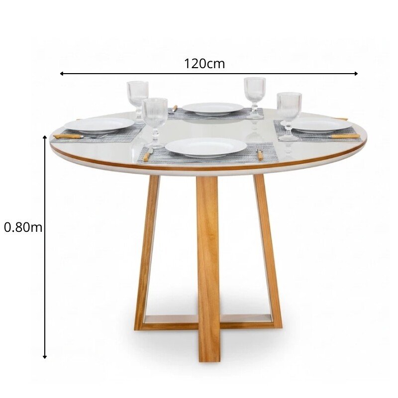 Mesa de Jantar Atlanta Redonda 120cm Vidro Off/Base Madeira - Minas Plac + 4 Cad. Isabela Linho Bege 01 Madeira KM Decor - Entregue Montada - Imagem 8