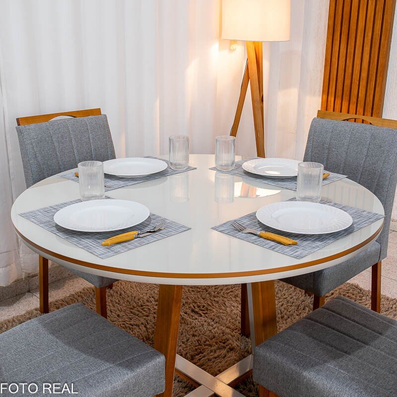 Mesa de Jantar Atlanta Redonda 120cm Vidro Off/Base Madeira - Minas Plac + 4 Cad. Isabela Linho Cinza 05 Madeira KM Decor - Entregue Montada - Imagem 2