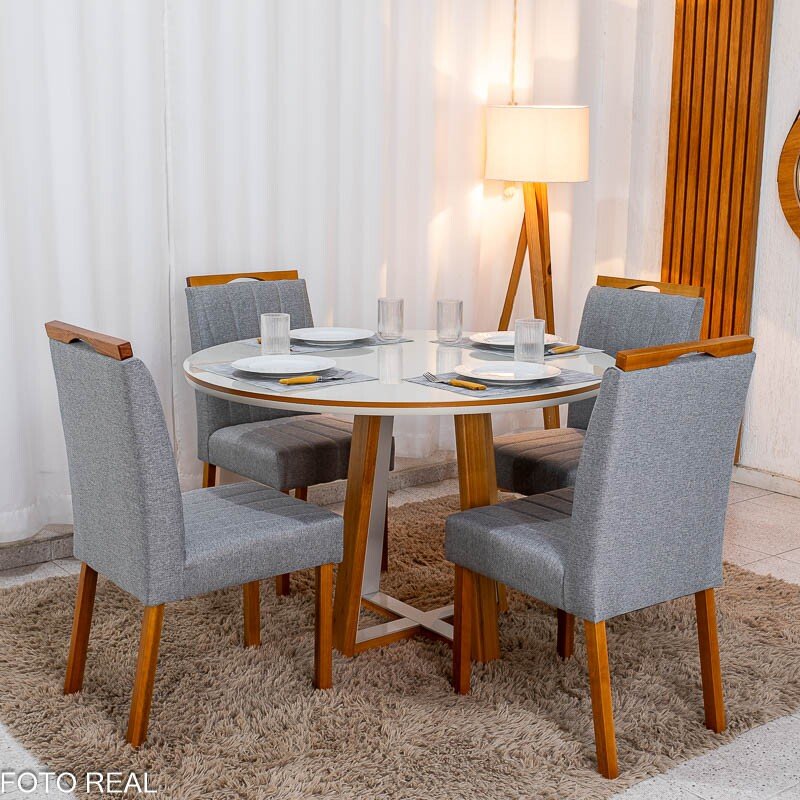 Mesa de Jantar Atlanta Redonda 120cm Vidro Off/Base Madeira - Minas Plac + 4 Cad. Isabela Linho Cinza 05 Madeira KM Decor - Entregue Montada - Imagem 3