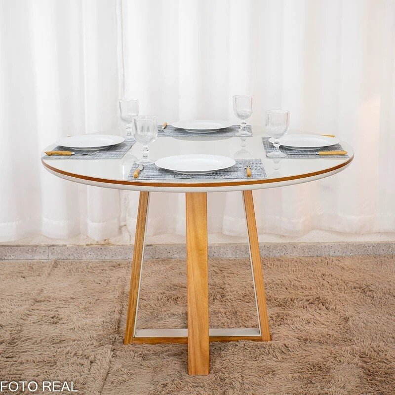 Mesa de Jantar Atlanta Redonda 120cm Vidro Off/Base Madeira - Minas Plac + 4 Cad. Isabela Linho Cinza 05 Madeira KM Decor - Entregue Montada - Imagem 6