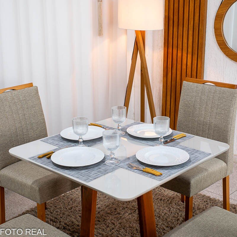 Mesa de Jantar Bali 90×90 Vidro Off/Base Madeira + 4 Cad. Atlanta Linho Bege Cru Madeira Minas Plac - Entregue Montada - Imagem 2