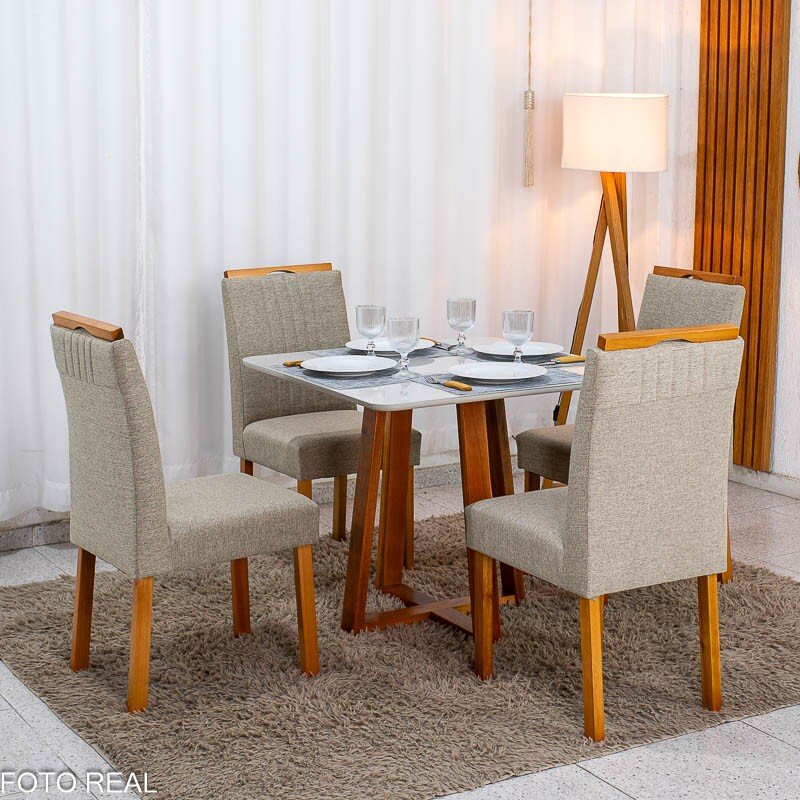 Mesa de Jantar Bali 90×90 Vidro Off/Base Madeira + 4 Cad. Atlanta Linho Bege Cru Madeira Minas Plac - Entregue Montada - Imagem 3
