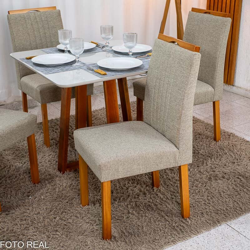 Mesa de Jantar Bali 90×90 Vidro Off/Base Madeira + 4 Cad. Atlanta Linho Bege Cru Madeira Minas Plac - Entregue Montada - Imagem 4