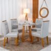 Mesa de Jantar Bali 90×90 Vidro Off/Base Madeira + 4 Cad. Londres Linho Prata Madeira Minas Plac - Entregue Montada