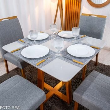 Alternative view of Mesa de Jantar Bali 90×90 Vidro Off/Base Madeira Minas Plac + 4 Cad. Isabela Linho Cinza 05 Madeira KM Decor - Entregue Montada