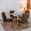 Mesa de Jantar Bali 90x90 Vidro Off/Base Madeira - Minas Plac + 4 Cad. Lisboa Veludo Marrom 509 Madeira Art Assento - Entregue Montada