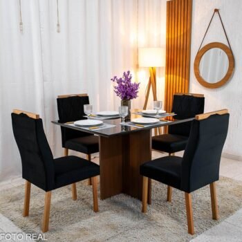 Alternative view of Mesa de Jantar Helo 120×90 Tampo MDF Vidro Preto 4 Cad. Lisboa Veludo Preto 504 Madeira Maciça