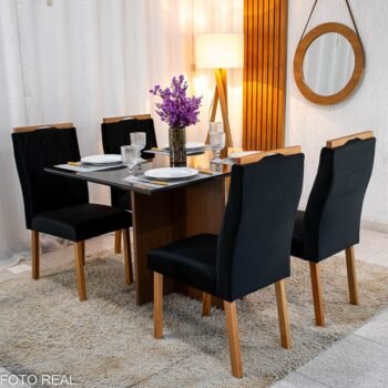 Mesa de Jantar Helo 120×90 Tampo MDF Vidro Preto 4 Cad. Lisboa Veludo Preto 504 Madeira Maciça