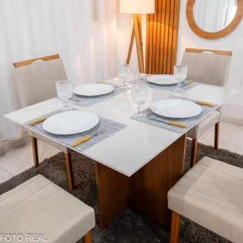 Alternative view of Mesa de Jantar Helo 120×90 Vidro Off/Base Mel Poliman + 4 Cad. Isabela Linho Bege 01 Madeira Maciça KM Decor - Entregue Montada