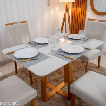 Alternative view of Mesa de Jantar Pedro 120x80 Vidro Off/Base Madeira + 4 Cad. Lisboa Veludo Bege 512 Madeira Art Assento - Entregue Montada