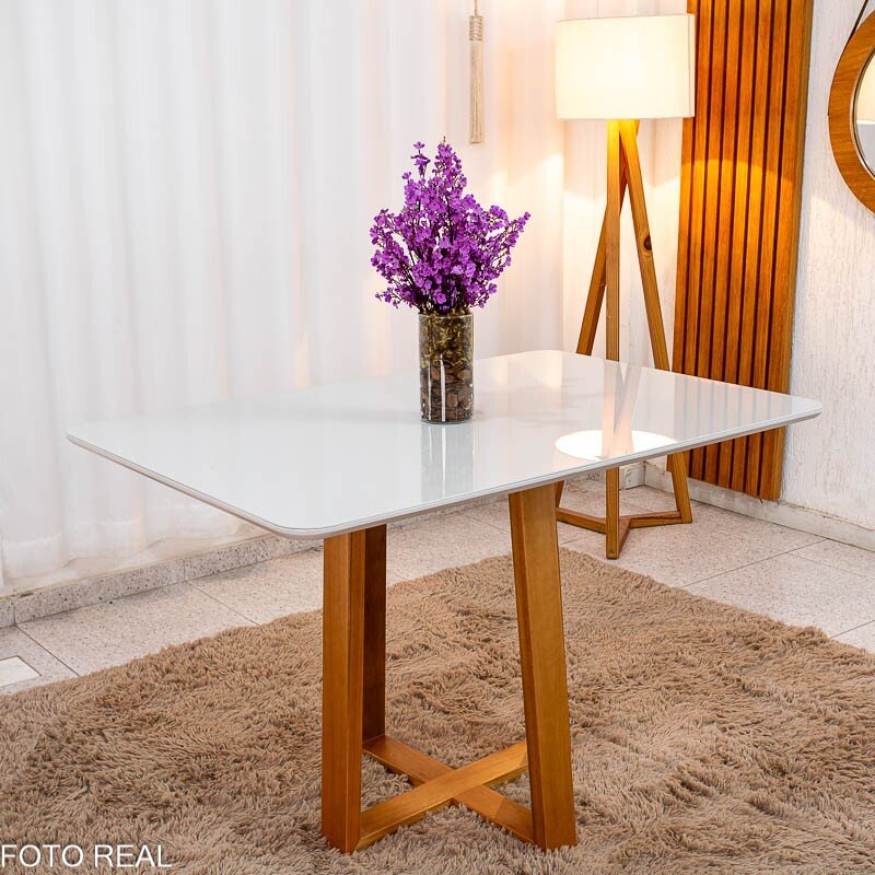 Mesa de Jantar Pedro 120x80 Vidro Off/Base Madeira Art Assento - Entregue Montada - Imagem 2
