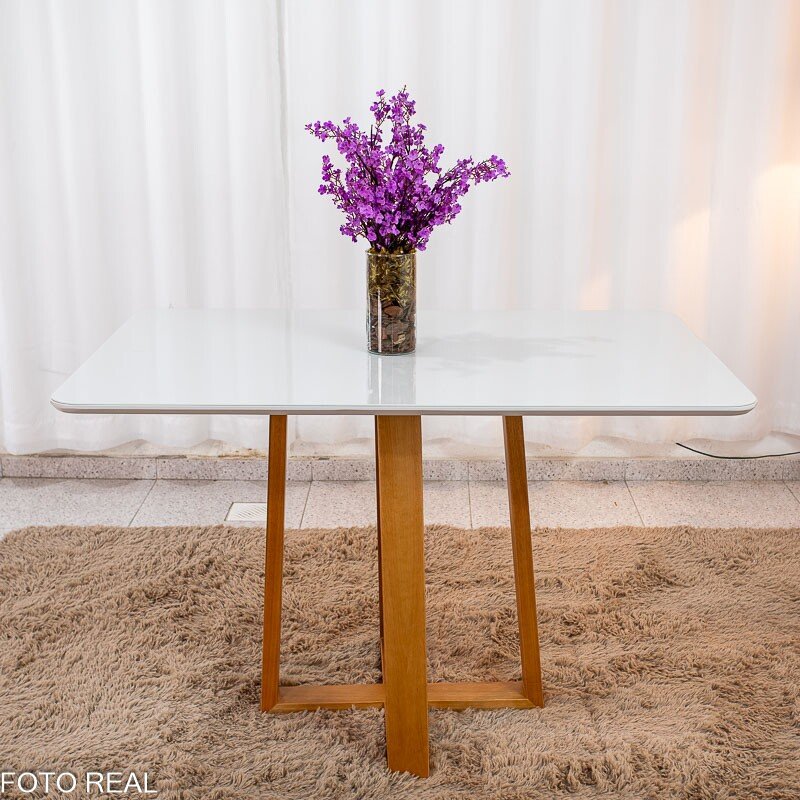 Mesa de Jantar Pedro 120x80 Vidro Off/Base Madeira Art Assento - Entregue Montada - Imagem 3