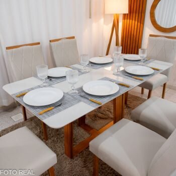 Alternative view of Mesa de Jantar Pedro 160×80 Vidro Off/Base Madeira + 6 Cad. Lisboa Veludo Bege 512 Madeira Art Assento - Entregue Montada