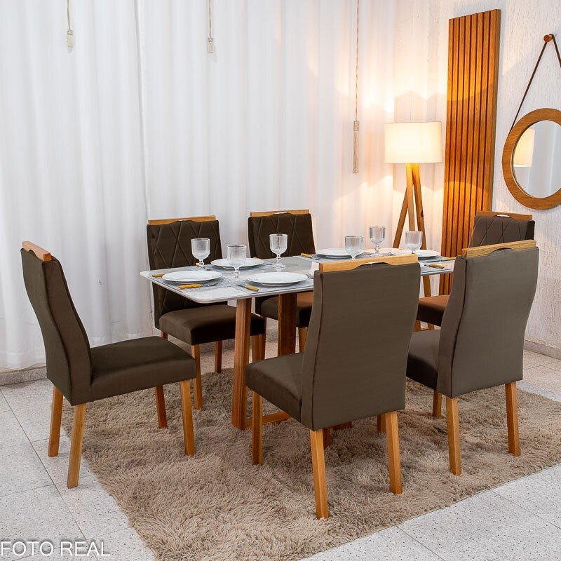 Mesa de Jantar Pedro 160×80 Vidro Off/Base Madeira + 6 Cad. Lisboa Veludo Marrom 509 Madeira Art Assento - Entregue Montada - Imagem 3