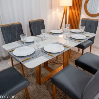 Alternative view of Mesa de Jantar Pedro 160x80 Vidro Off/Base Madeira + 6 Cad. Lisboa Veludo Cinza 507 Madeira Art Assento - Entregue Montada