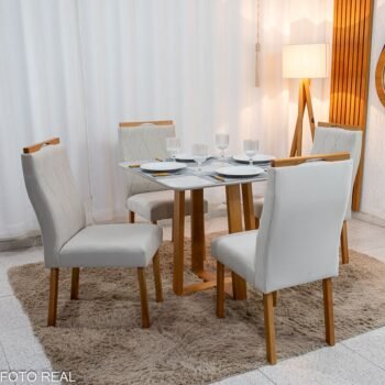 Mesa de Jantar Pedro 90x90 Vidro Off/Base Madeira + 4 Cad. Lisboa Veludo Bege 512 Madeira Art Assento - Entregue Montada