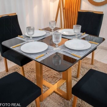 Alternative view of Mesa de Jantar Pedro 90x90 Vidro Preto/Base Madeira + 4 Cad. Lisboa Veludo Preto 504 Madeira Art Assento - Entregue Montada