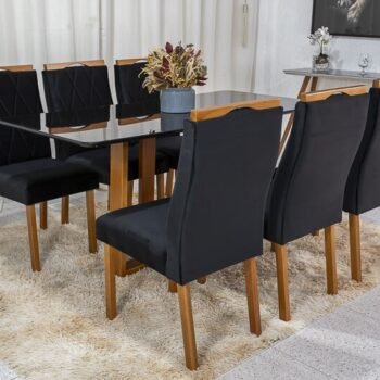 Alternative view of Mesa de Jantar Pedro Mel Vidro Preto 160×80 6 Cadeiras Lisboa Veludo Preto 504 Madeira Maciça Art Assento - Entregue Montada
