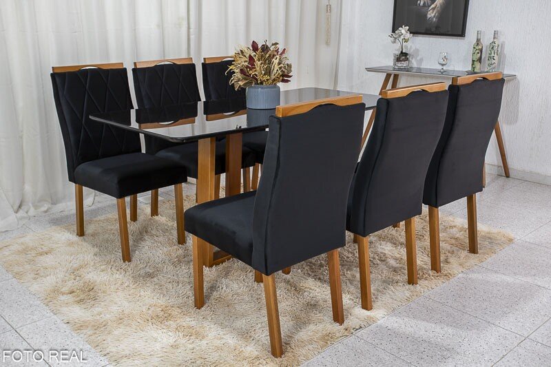 Mesa de Jantar Pedro Mel Vidro Preto 160×80 6 Cadeiras Lisboa Veludo Preto 504 Madeira Maciça Art Assento - Entregue Montada - Imagem 2