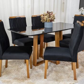 Mesa de Jantar Pedro Mel Vidro Preto 160×80 6 Cadeiras Lisboa Veludo Preto 504 Madeira Maciça Art Assento - Entregue Montada