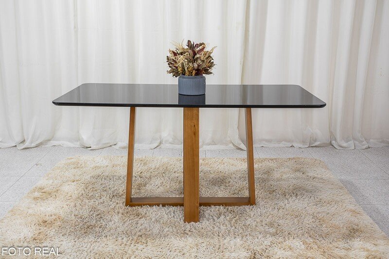 Mesa de Jantar Pedro Mel Vidro Preto 160×80 6 Cadeiras Lisboa Veludo Preto 504 Madeira Maciça Art Assento - Entregue Montada - Imagem 5