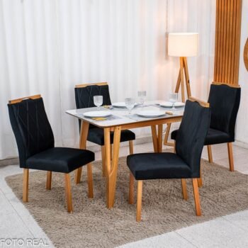 Mesa de Jantar Siena 120x90 Vidro Off/Base Madeira + 4 Cad. Lisboa Veludo Preto 504 Madeira Entregue Montada - Art Assento