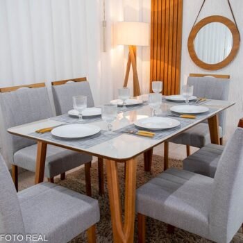 Alternative view of Mesa de Jantar Siena 160x90 Vidro Off/Base Madeira - Art Assento + 6 Cad. Isabela Linho Cinza 05 Madeira Maciça KM Decor - Entregue Montada