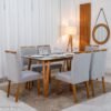 Mesa de Jantar Siena 160x90 Vidro Off/Base Madeira - Art Assento + 6 Cad. Isabela Linho Cinza 05 Madeira Maciça KM Decor - Entregue Montada