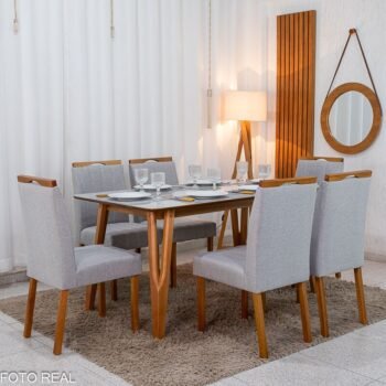 Mesa de Jantar Siena 160x90 Vidro Off/Base Madeira - Art Assento + 6 Cad. Isabela Linho Cinza 05 Madeira Maciça KM Decor - Entregue Montada