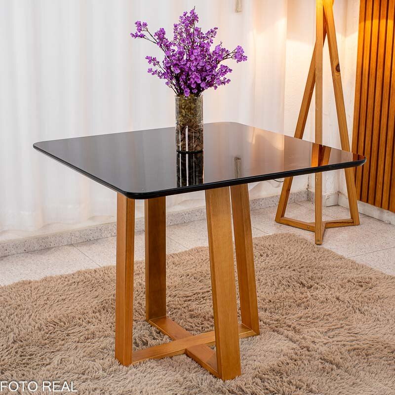 Mesa Pedro 90x90 Vidro Preto/Base Madeira Art Assento - Entregue Montada - Imagem 2