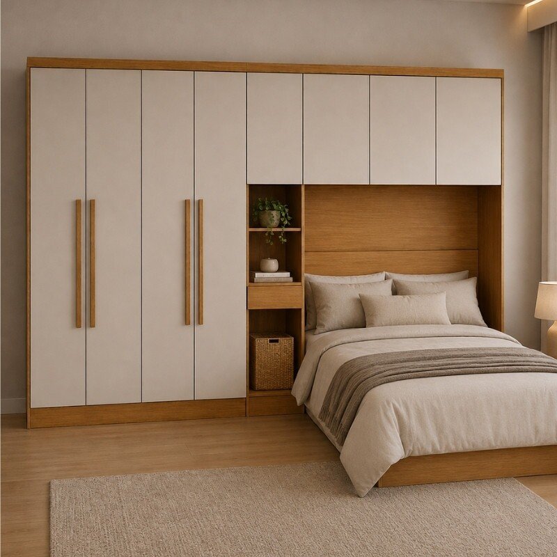 Modulado Casal Cumaru/Fendi Fosco 1 Roupeiro Rizon 4 Pts + 1 Criado Rizon + 1 Aéreo 3 portas Rizon - Novo Horizonte