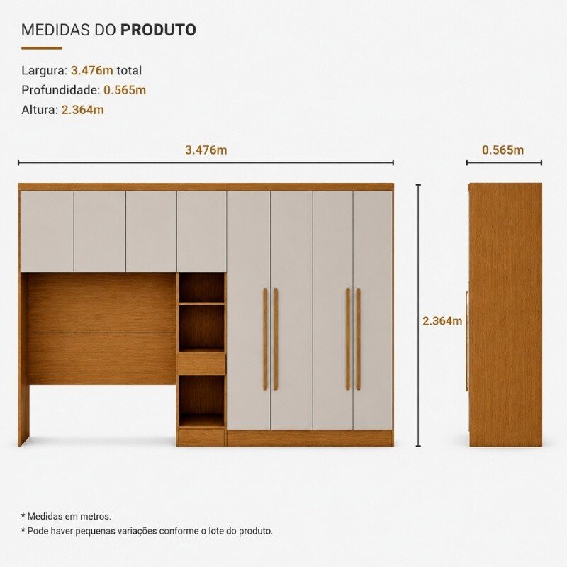 Modulado Casal Cumaru/Fendi Fosco 1 Roupeiro Rizon 4 Pts + 1 Criado Rizon + 1 Aéreo 3 portas Rizon - Novo Horizonte - Imagem 2