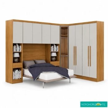 Modulado Cumaru/Fendi Fosco 1 Roupeiro Moderni 4 Pts + 2 Criado Rizon + 1 Canto Oblíquo Rizon C/Espelho + 1 Aéreo 3 portas Rizon - Novo Horizonte