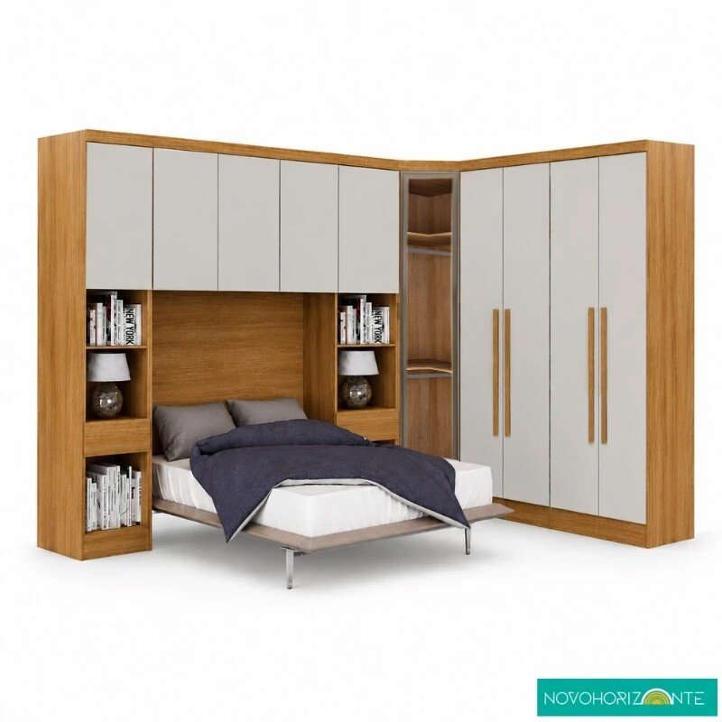 Modulado Cumaru/Fendi Fosco 1 Roupeiro Moderni 4 Pts + 2 Criado Rizon + 1 Canto Oblíquo Rizon C/Espelho + 1 Aéreo 3 portas Rizon - Novo Horizonte
