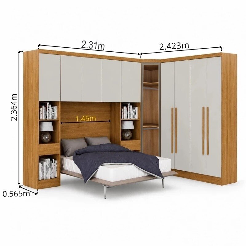 Modulado Cumaru/Fendi Fosco 1 Roupeiro Moderni 4 Pts + 2 Criado Rizon + 1 Canto Oblíquo Rizon C/Espelho + 1 Aéreo 3 portas Rizon - Novo Horizonte - Imagem 2