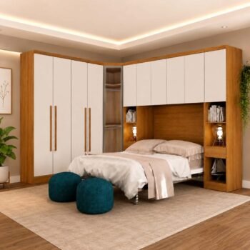 Modulado Queen Cumaru/Fendi Fosco 1 Guarda-Roupa Rizon New 4 Pts + 2 Criado Rizon + 1 Canto Oblíquo Rizon C/Porta de Vidro + 1 Aéreo 4 portas Rizon - Novo Horizonte