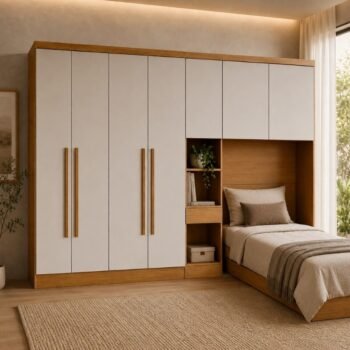 Modulado Solteiro Cumaru/Fendi Fosco 1 Roupeiro Rizon 4 Pts + 1 Criado Rizon + 1 Aéreo 2 portas Rizon - Novo Horizonte
