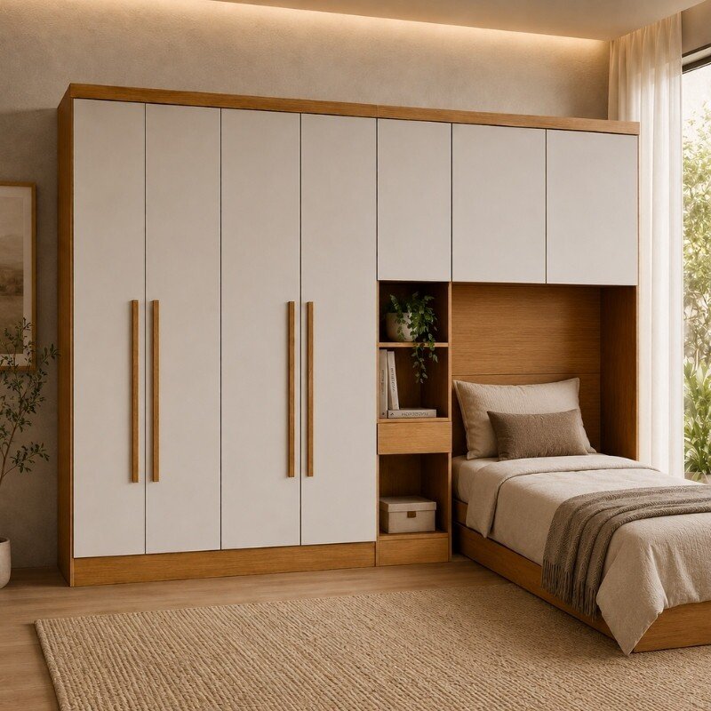 Modulado Solteiro Cumaru/Fendi Fosco 1 Roupeiro Rizon 4 Pts + 1 Criado Rizon + 1 Aéreo 2 portas Rizon - Novo Horizonte