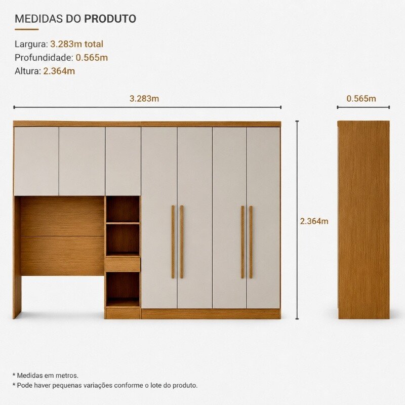 Modulado Solteiro Cumaru/Fendi Fosco 1 Roupeiro Rizon 4 Pts + 1 Criado Rizon + 1 Aéreo 2 portas Rizon - Novo Horizonte - Imagem 2