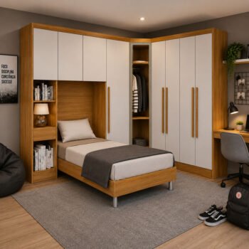 Modulado Solteiro Cumaru/Fendi Fosco 1 Roupeiro Rizon 4 Pts + 1 Criado Rizon + 1 Canto Oblíquo Rizon C/Porta de Vidro + 1 Modulado Rizon 1 Porta + 1 Aéreo 2 portas Rizon - Novo Horizonte