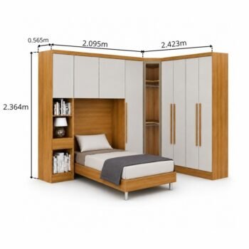 Alternative view of Modulado Solteiro Cumaru/Fendi Fosco 1 Roupeiro Rizon 4 Pts + 1 Criado Rizon + 1 Canto Oblíquo Rizon C/Porta de Vidro + 1 Modulado Rizon 1 Porta + 1 Aéreo 2 portas Rizon - Novo Horizonte
