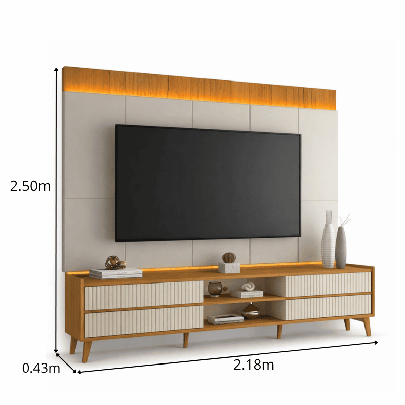 Rack Magnífico 212 Larg. 2.18m + Painel Magnífico 220 Nature/Off C/LED e Detalhe Ripado - Gelius - Imagem 7